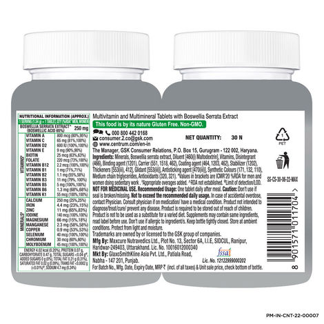 Centrum Adults Multivitamins - Vit. B, D, C & more for Energy, Mobility & Immunity (30 Veg Tablets)