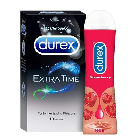 Durex Extra Time Condoms(10pc)+ Strawberry Lubricant  (50ml) Combo