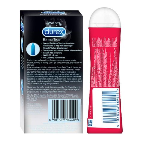 Durex Extra Time Condoms(10pc)+ Strawberry Lubricant  (50ml) Combo