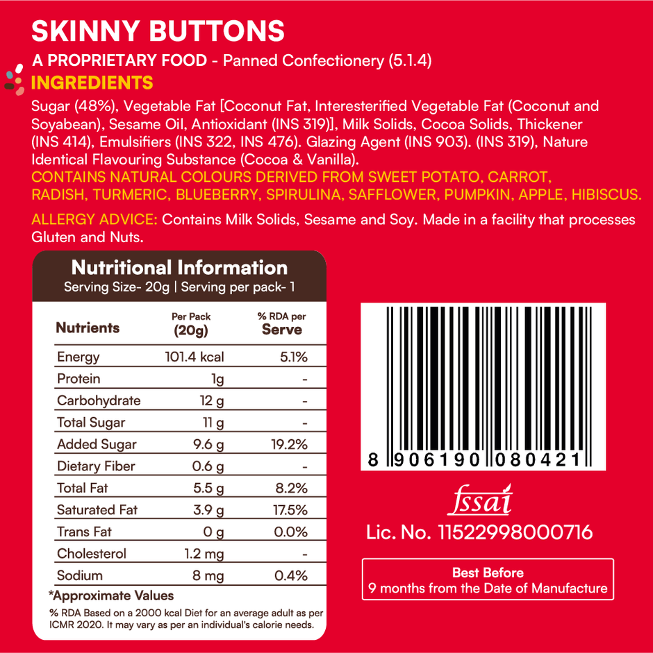 Skinny Chocolate Buttons | No Artificial Colours | Less Sugar | No Palm Oil