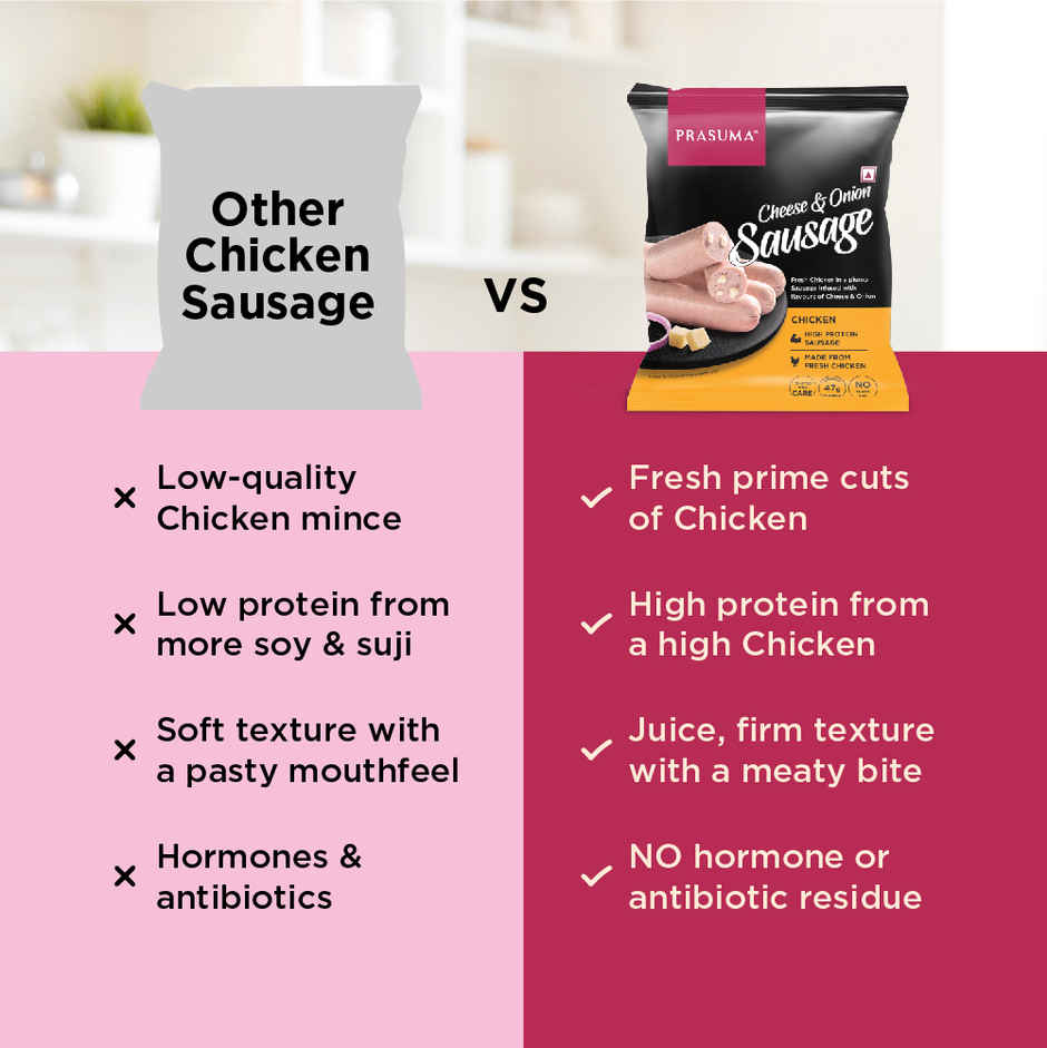 Prasuma Chicken Cheese & Onion Sausage High Protein 250g | Only Best Cuts | Fresh Chicken