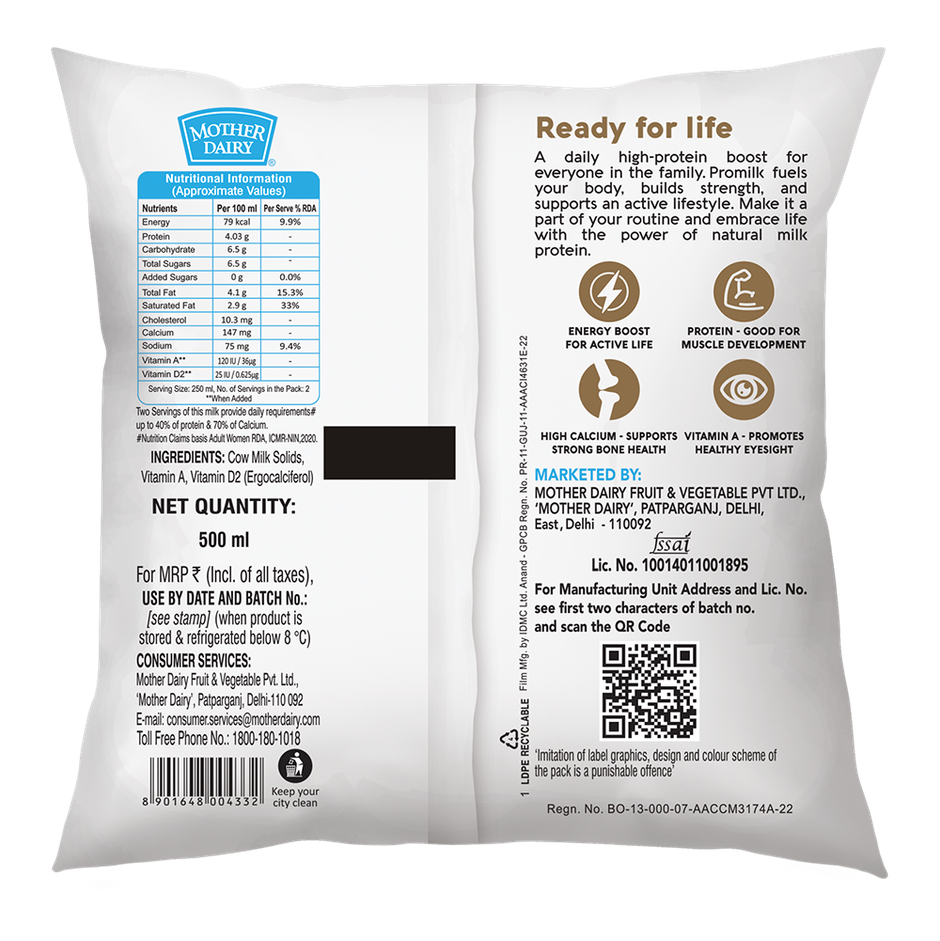 Mother Dairy Promilk | Protein Fresh Milk | 20g Protein | Pouch
