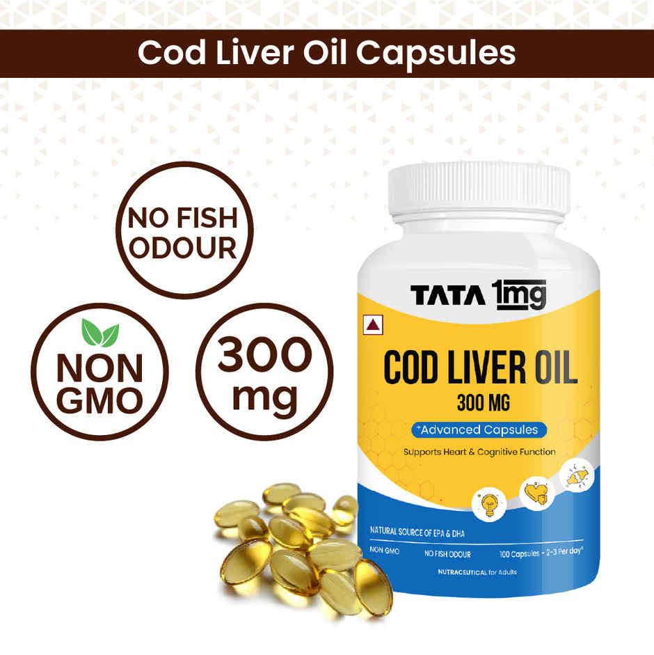 Tata 1mg Cod Liver Oil Capsule | Omega-3 & Vitamin A for Bone & Heart Health