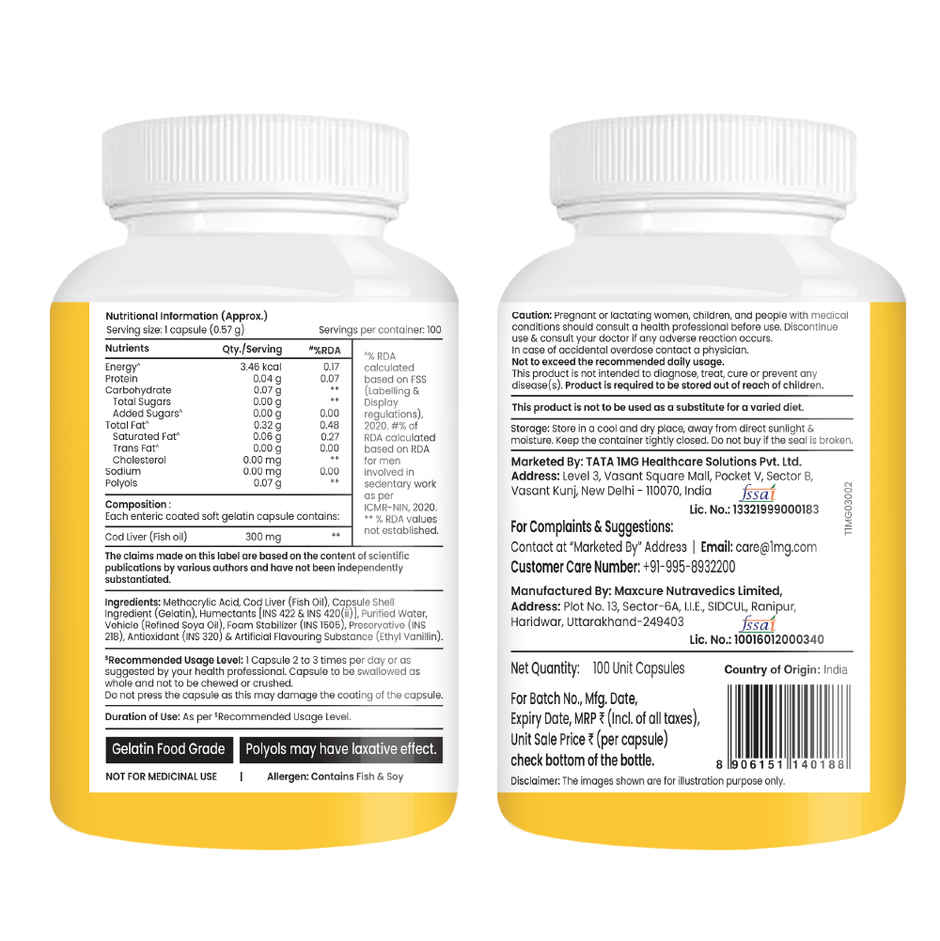 Tata 1mg Cod Liver Oil Capsule | Omega-3 & Vitamin A for Bone & Heart Health