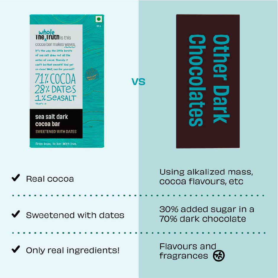 The Whole Truth Dark Cocoa Bar - Sea Salt | 80 g | Sweetened With dates