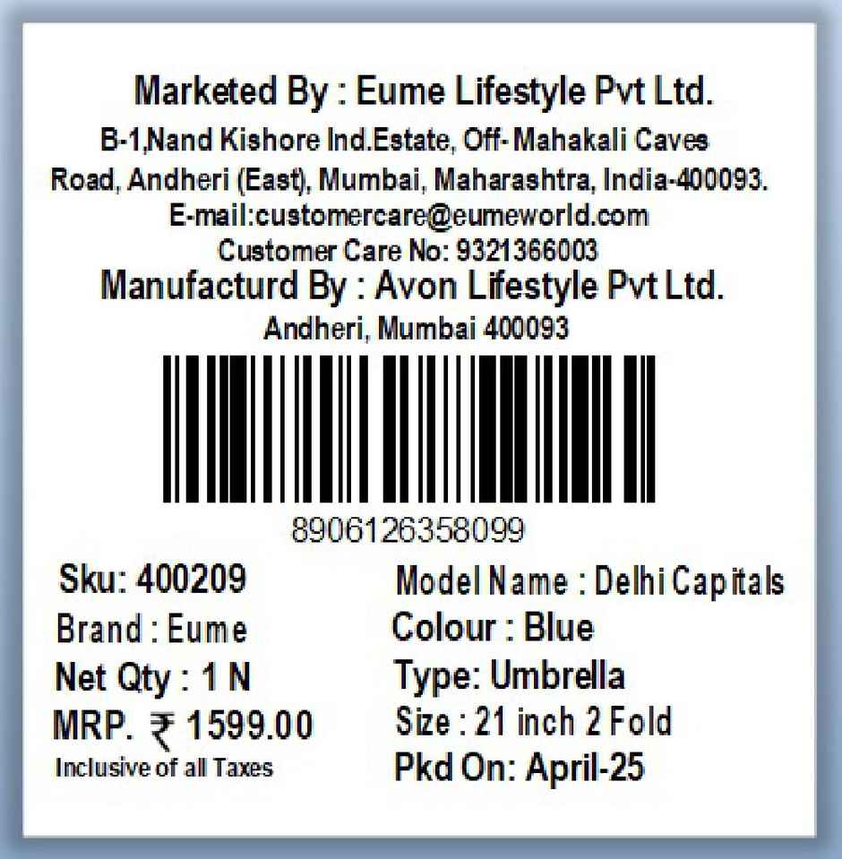 Eume Delhi Capitals Blue 23 Inch 1 Fold Straight Umbrella