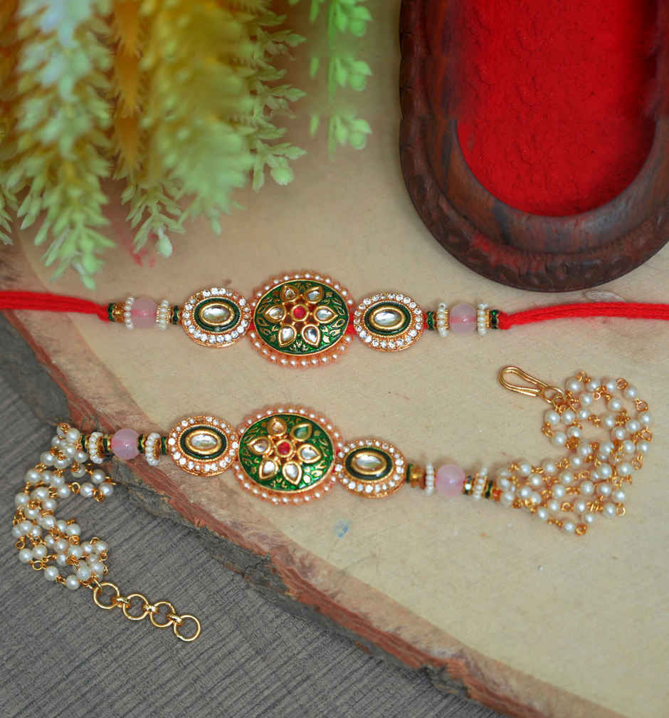 Aurum Premium Lumba Rakhi With Meenakari Diamonds and Kundan - Artistic Pair