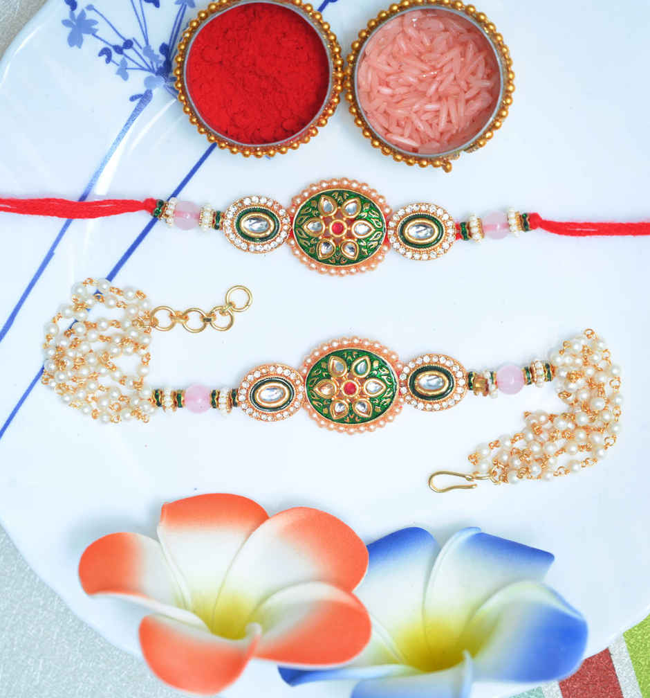 Aurum Premium Lumba Rakhi With Meenakari Diamonds and Kundan - Artistic Pair