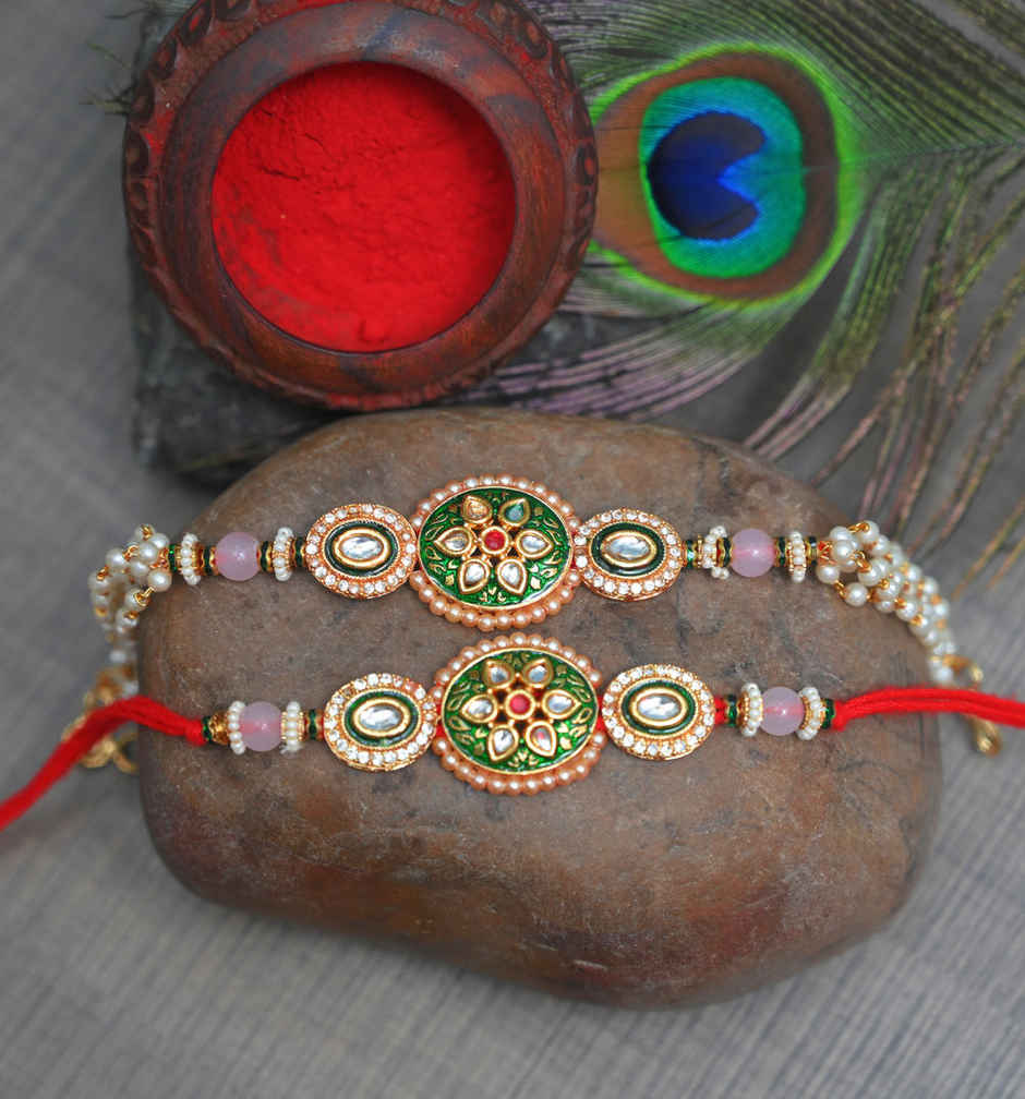Aurum Premium Lumba Rakhi With Meenakari Diamonds and Kundan - Artistic Pair