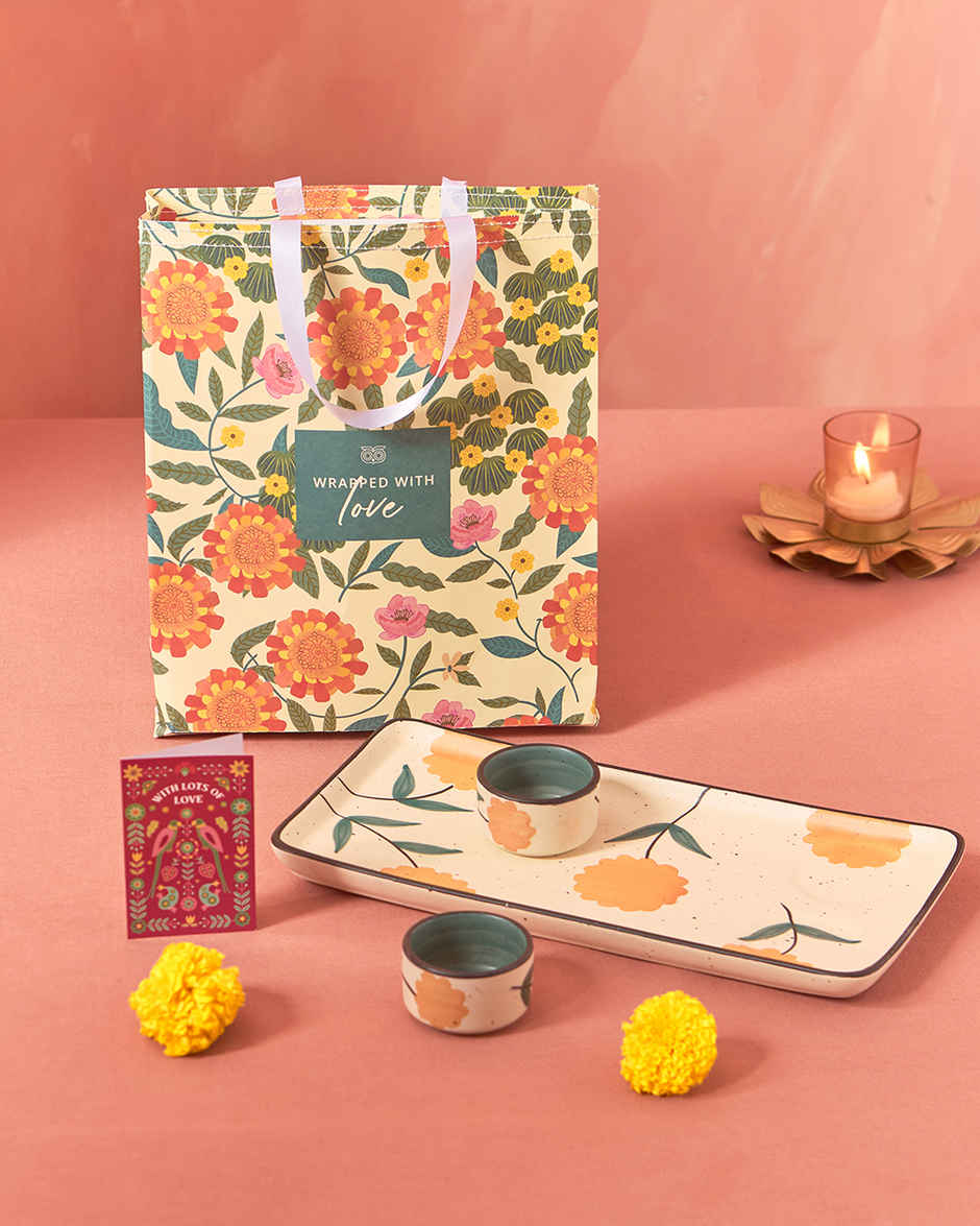 Chumbak Ceramic Marigold Chip & Dip Platter | Multicolour | Brown Box - 300 ml