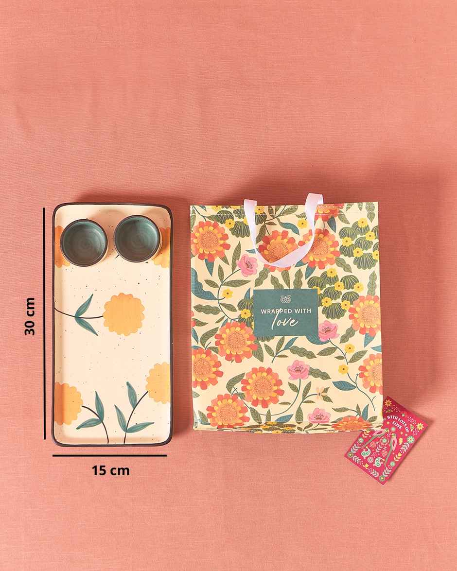 Chumbak Ceramic Marigold Chip & Dip Platter | Multicolour | Brown Box - 300 ml