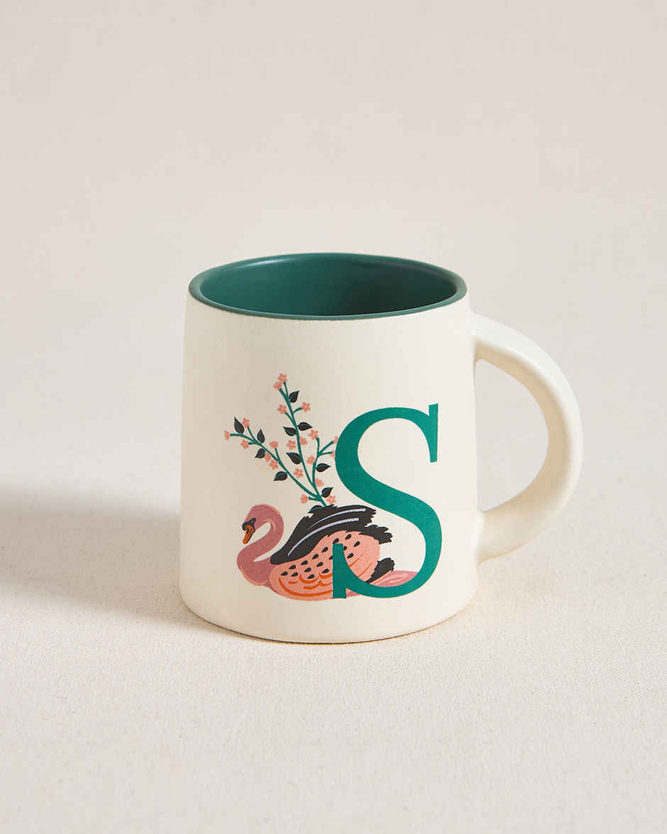 Chumbak S Alphabet Ceramic Mug | Off-White & Green -300 ml