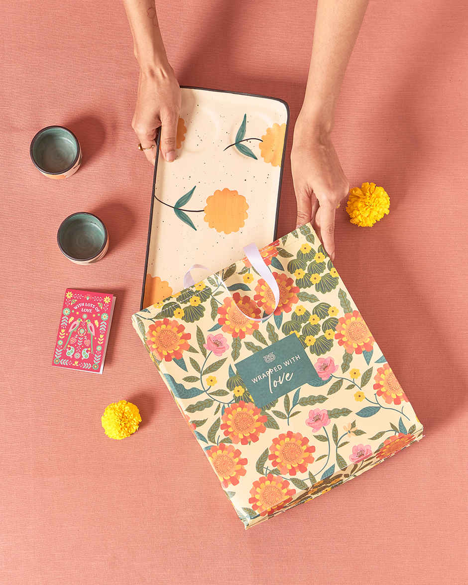 Chumbak Ceramic Marigold Chip & Dip Platter | Multicolour | Brown Box - 300 ml