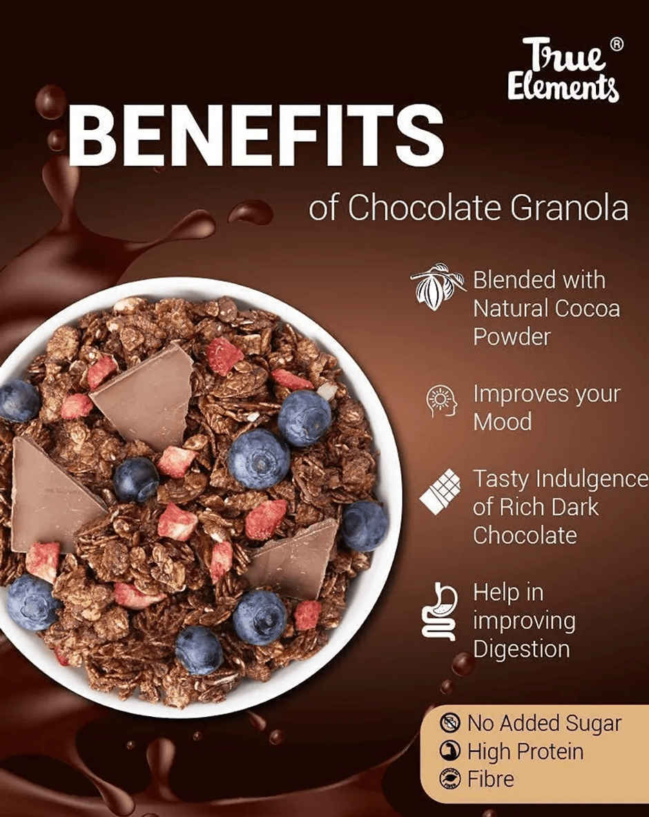 True Elements Crunchy Dark Chocolate Granola For Breakfast