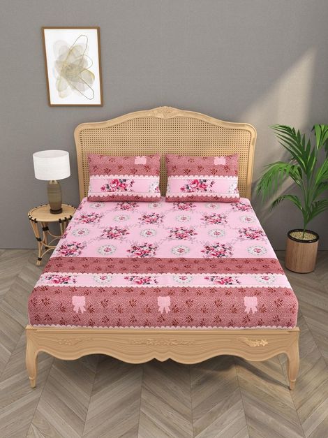 House Of Gulab 100% Cotton Double Bedsheet Floral - Pink