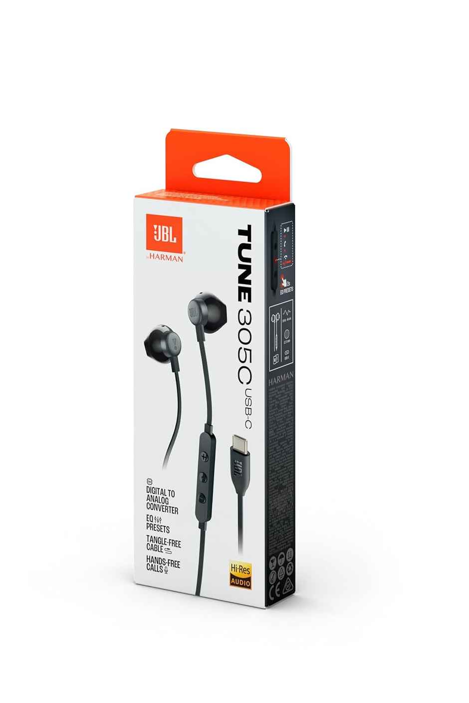 JBL Tune 305 Wired In-Ear Type C Headphones, Hi-Res Audio With Digital-To-Analog Converter (Black)