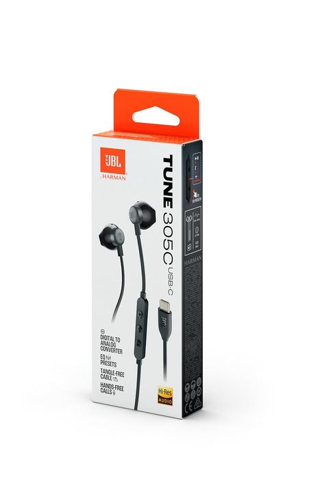 JBL Tune 305 Wired In-Ear Type C Headphones, Hi-Res Audio With Digital-To-Analog Converter (Black)