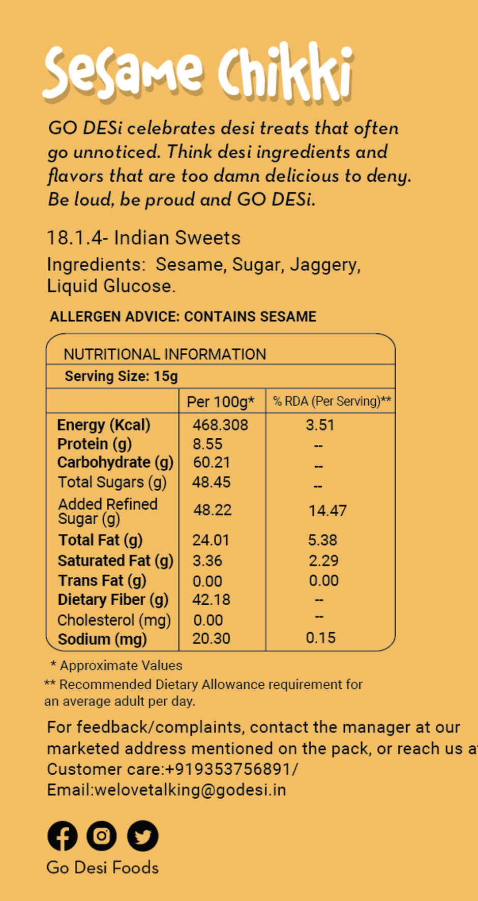 Sesame (Til) Chikki, 30 Pcs, By GO DESi
