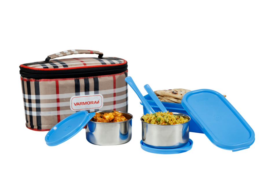 Varmora SS Duo Lunch Box- Blue-3 Storage Containers with spoon and fork