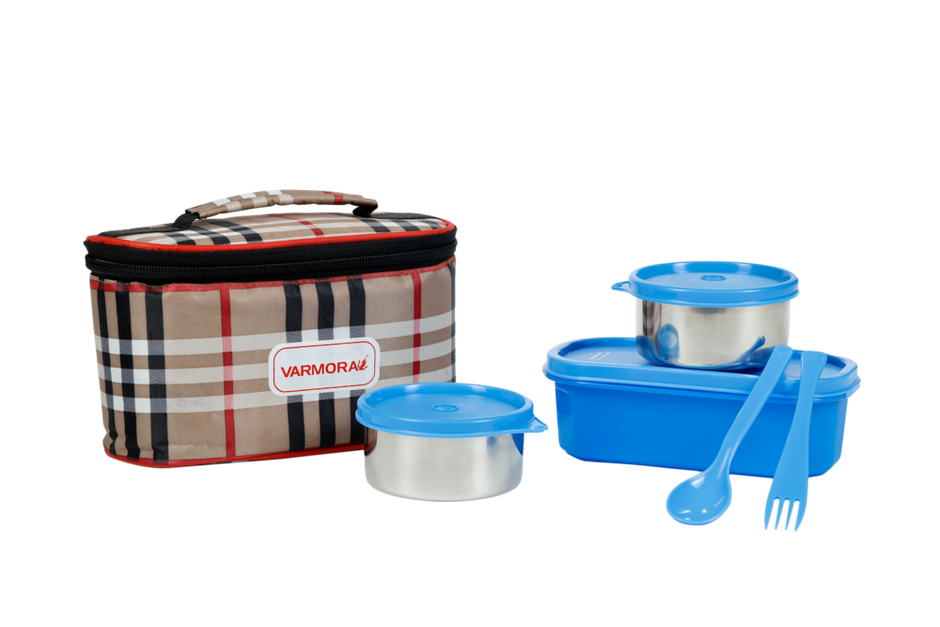 Varmora SS Duo Lunch Box- Blue-3 Storage Containers with spoon and fork