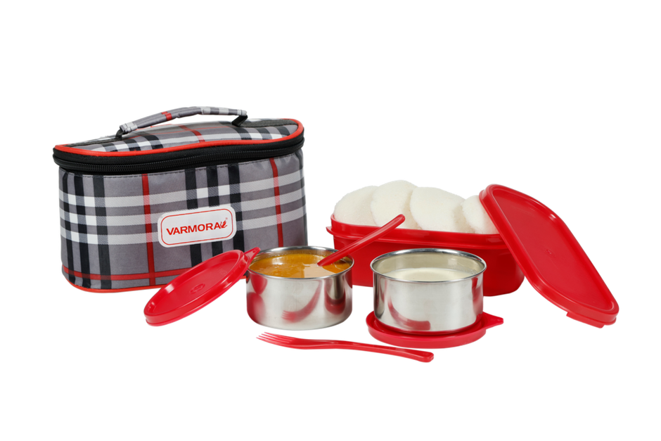 Varmora SS Duo Lunch Box- Raspberry Pink-3 Storage Containers with spoon and fork
