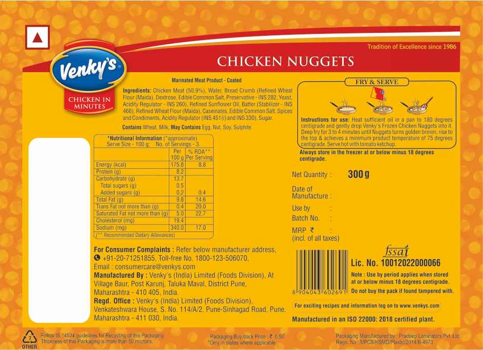 Venky's Chicken Nuggets | Frozen Ready To Cook Snack