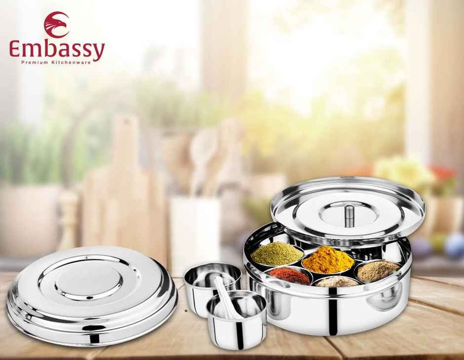 Embassy Masala Dabba/Spice Box, 7-Cups, 18 cms Diameter, Size 11, Premium Stainless Steel
