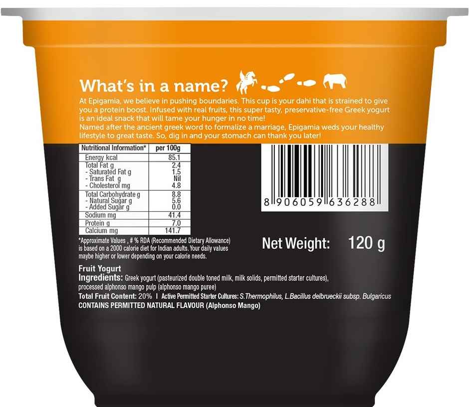 Epigamia Greek Yogurt - Alphonso Mango - Zero Added Sugar