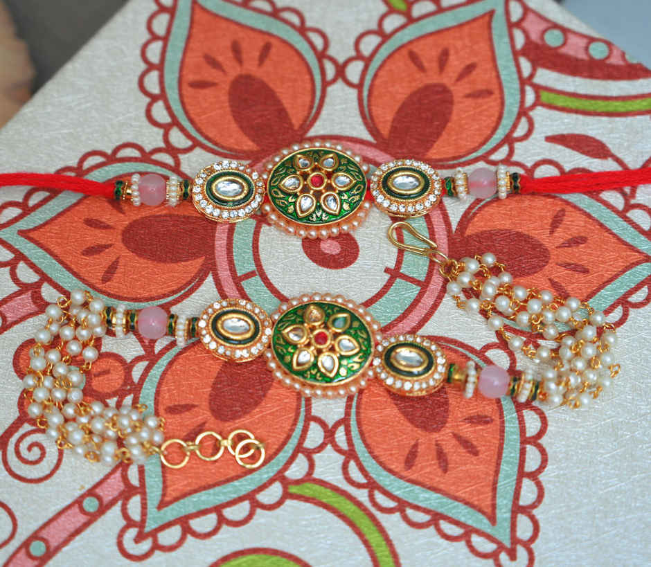 Aurum Premium Lumba Rakhi With Meenakari Diamonds and Kundan - Artistic Pair