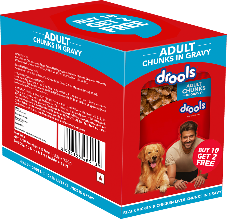 Drools Adult Wet Dog Food Chicken And Chicken Liver Chunks In Gravy (10 + 2 Pouches Free)