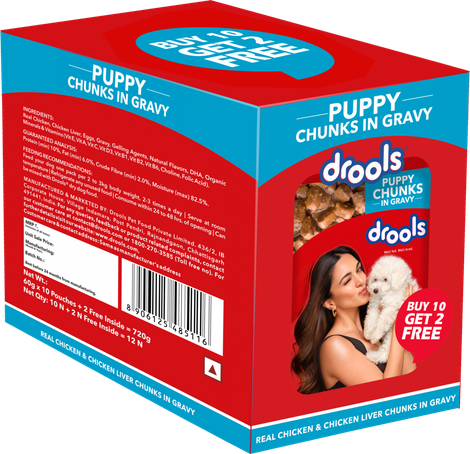 Drools Puppy Wet Dog Food Chicken And Chicken Liver Chunks In Gravy (10 + 2 Pouches Free)