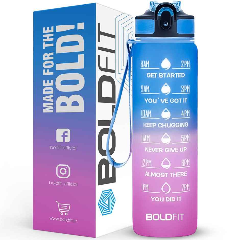 Boldfit Plastic Water Bottle with Motivational Time Markers | Blue and Pink | 1 L