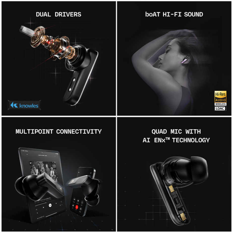 boAt Nirvana X TWS (2025),Knowles Dual Drivers,Hi-Res Audio LDAC,App Support,4Mic ENx,Dual Pair,Spatial Audio,Fast Charge, Bluetooth Earbuds, TWS Ear Buds Wireless Earphones with mic (Cosmic Onyx)