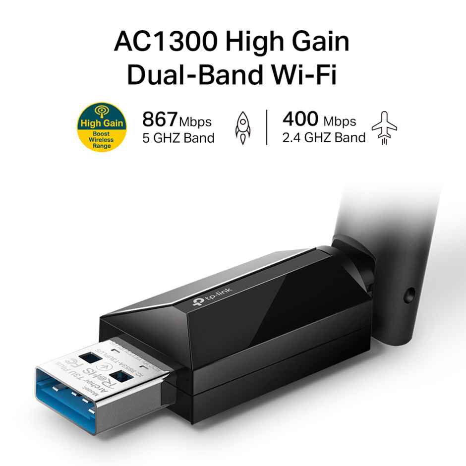 Tp-Link Archer T3U Plus Ac1300 High Gain Wireless Dual Band MU | Mimo USB Adapter - Black