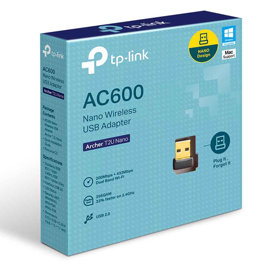 Tp-Link Archer T2U Nano Ac600 2.4Ghz And 5Ghz Dual Band Nano Wireless USB Adapter - Black