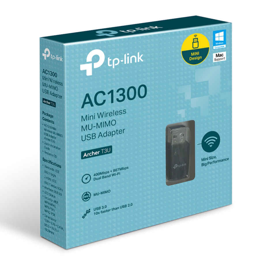 Tp-Link Archer T3U Ac1300 Mini Wireless MU | Mimo 3.0 Port Dual Band USB Adapter - Black