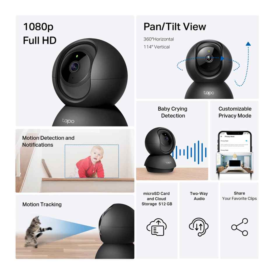 TP-Link Tapo C201 360Degree 2MP 1080p Full HD Pan/Tilt Home Security Wi-Fi Smart Camera| Alexa Enabled| 2-Way Audio| Night Vision| Motion Detection| Sound and Light Alarm| Indoor CCTV - Black