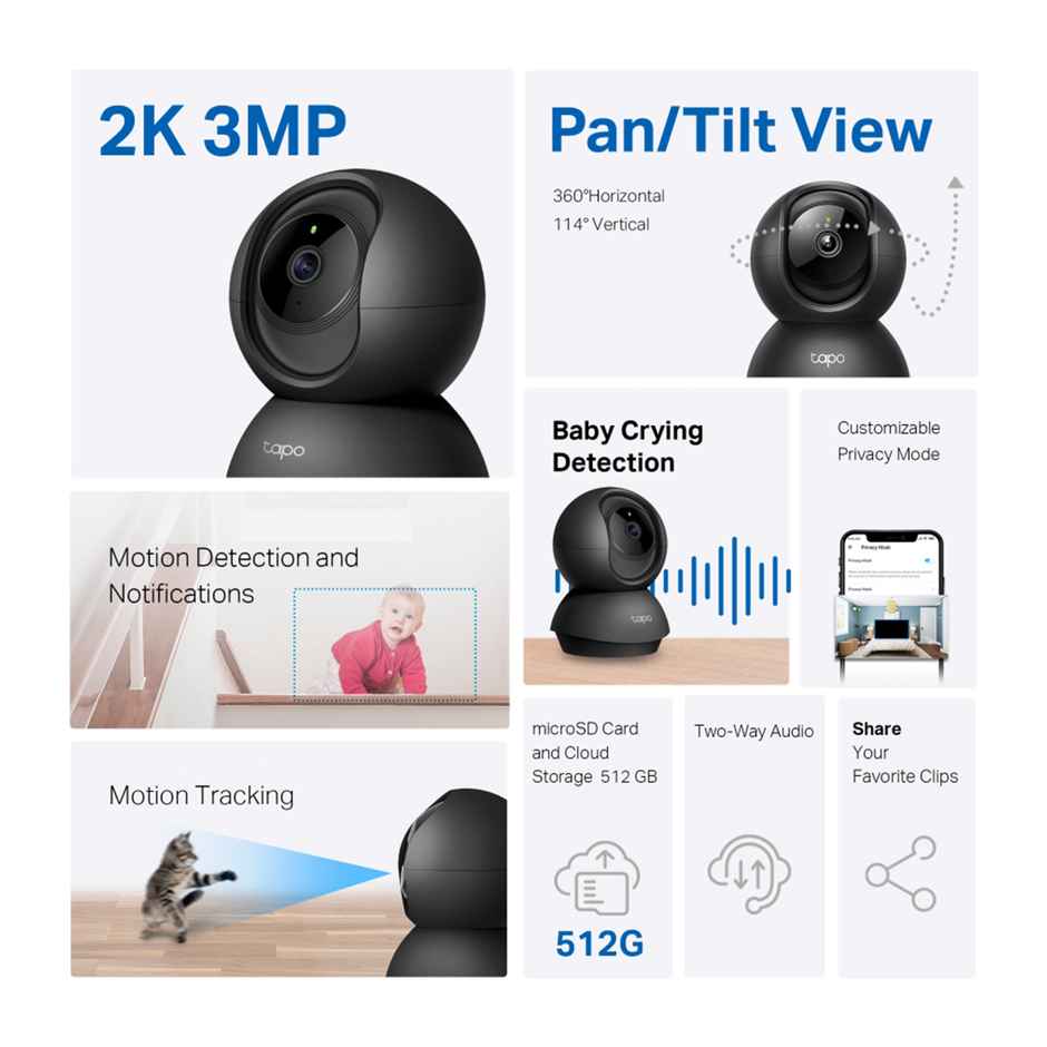 TP-Link Tapo 2K 3MP Pan/Tilt Indoor Wireless Security Camera for Baby Monitor,Pet Camera|Motion Detection & Tracking|2-Way Audio|Cloud & SD Card Storage|Works w/Alexa & Google Home - Black