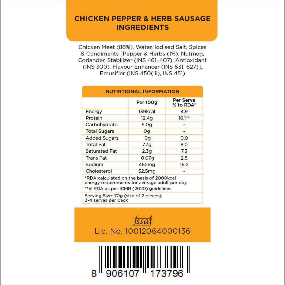 Prasuma Chicken Pepper & Herb Sausage High Protein 250g | No Preservatives | Fresh Chicken