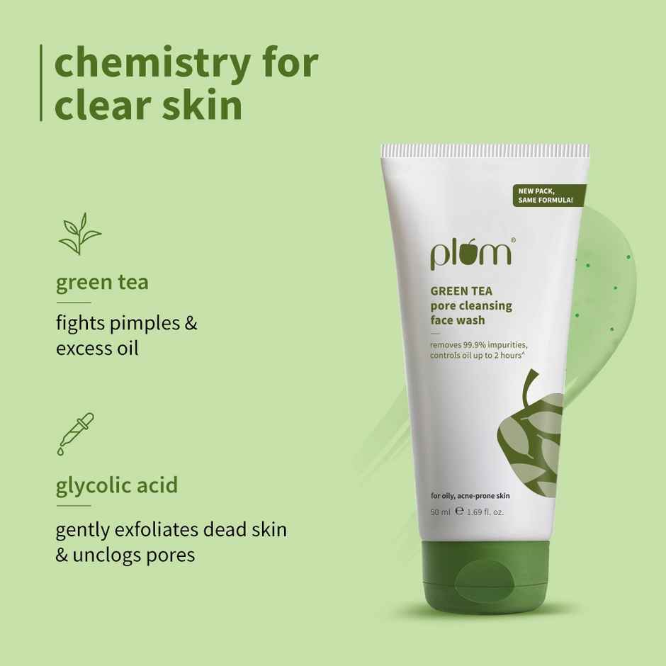 Plum Green Tea Pore Cleansing Face Wash Fights Pimples & Removes Excess Oil Enriched With Green Tea & Glycolic Acid Best Suits Oily Acne-Prone Combination Skin 100% Vegan