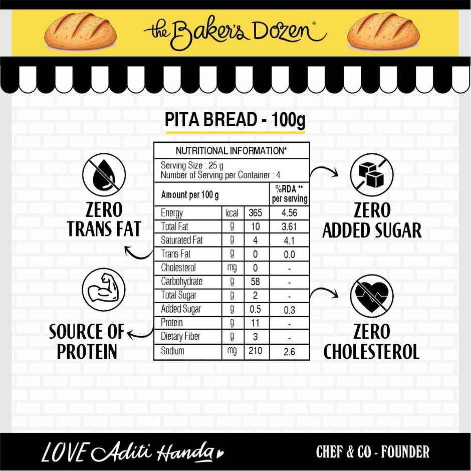 The Baker's Dozen Zero Maida Pita Bread |Whole wheat|Made with Gut Friendly Sourdough|Zero Palm Oil