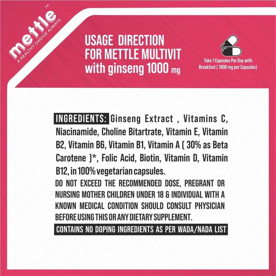 Getmymettle Multivitamin For Women And Men, With Ginseng, 12 Vitamins, Stamina & Immunity