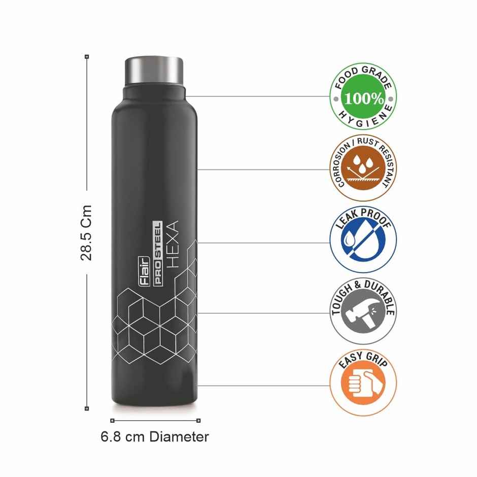 Flair Hexa Stainless Steel Water Bottle 1000 ml Black Color