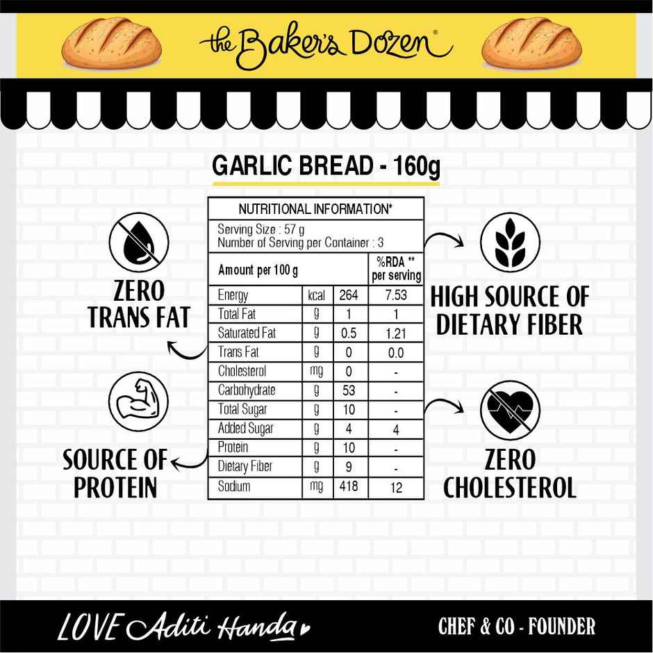 The Baker's Dozen Zero Maida Garlic Bread | Whole wheat | Atta Bread | No Maida | Clean label