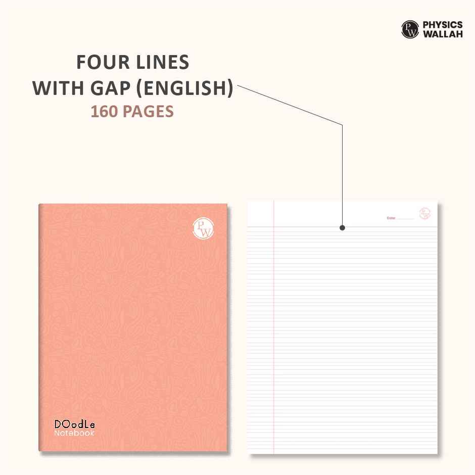 Physics Wallah Doodle Notebook | 160 Pages | 24 x 18 cm | Four Lines with Gap | English