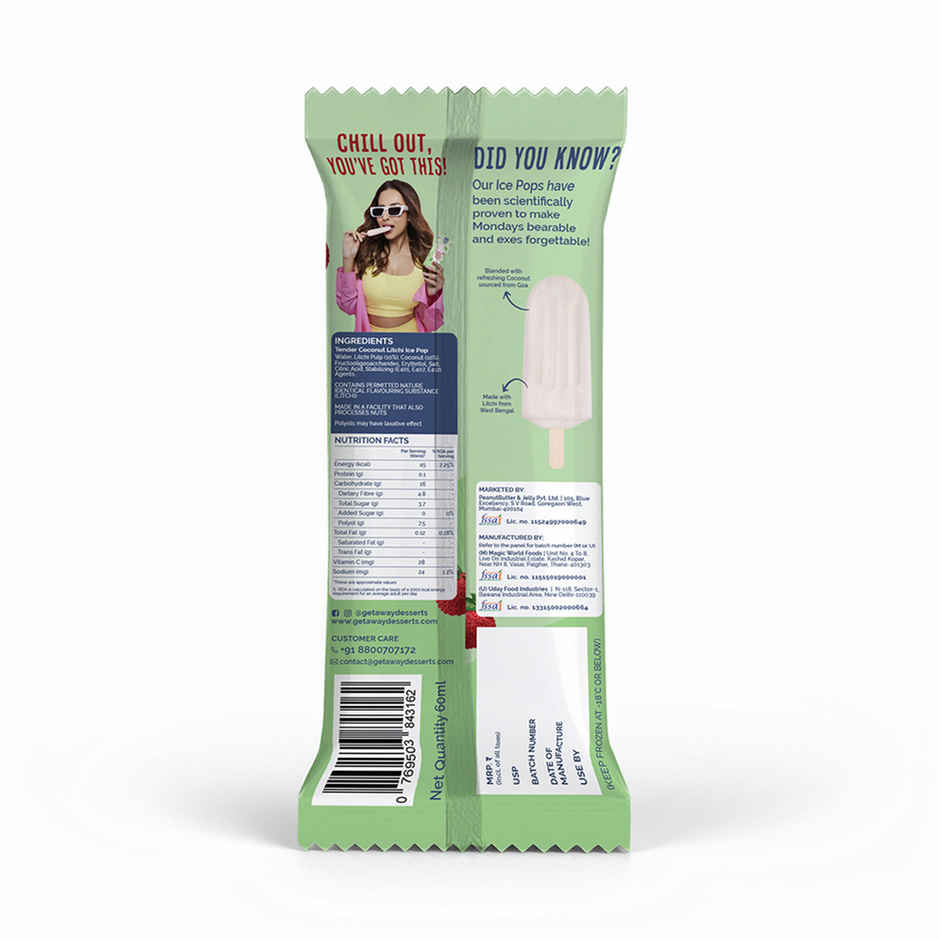 Get-A-Way Tender Coconut Litchi Ice Pop | Low Calorie | Zero Added Sugar