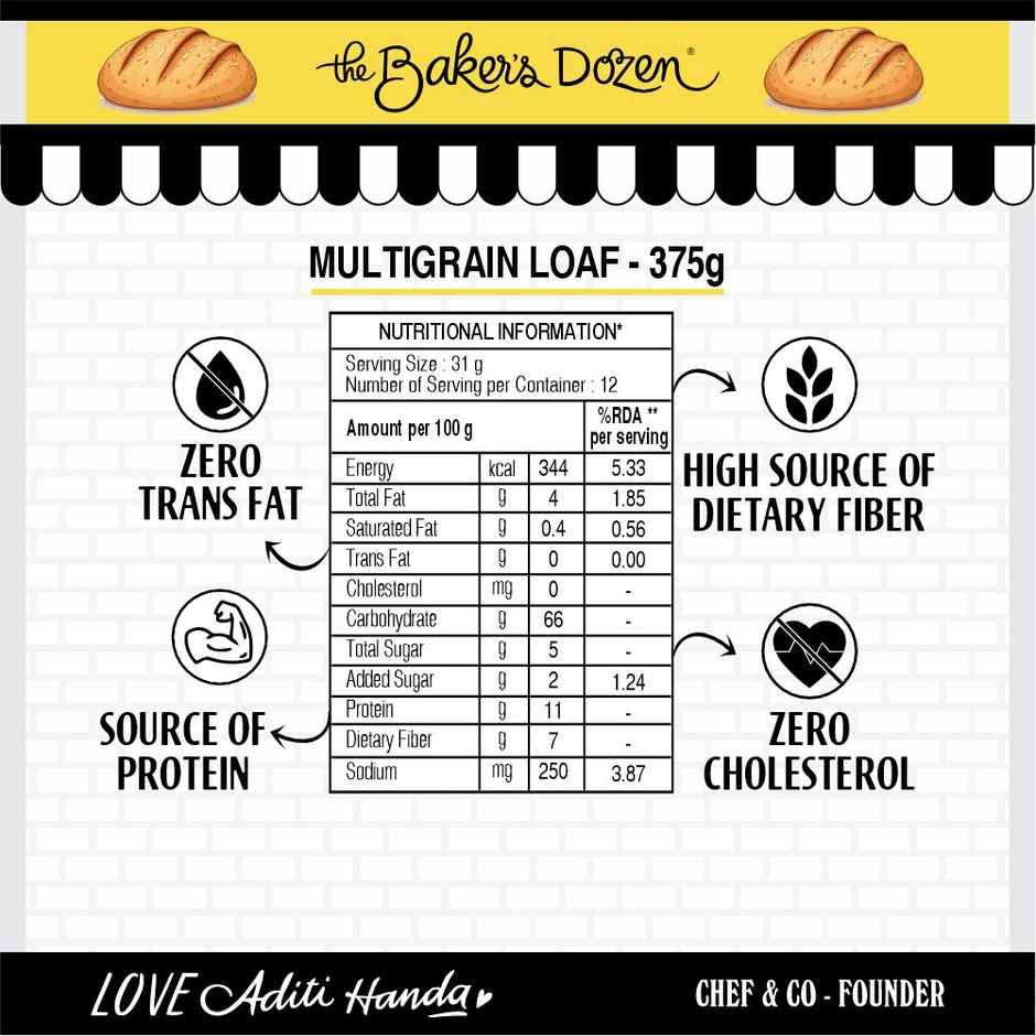 The Baker's Dozen Zero Maida Multigrain Bread - No Palm Oil No Preservative 100% Wholewheat