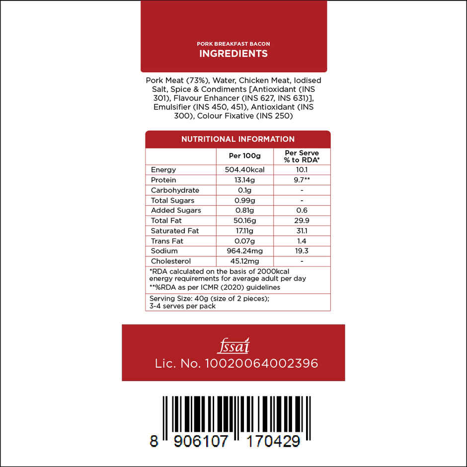 Prasuma Pork Breakfast Bacon 150g | India's No.1 Bacon | Imported Pork | Cured & Smoked