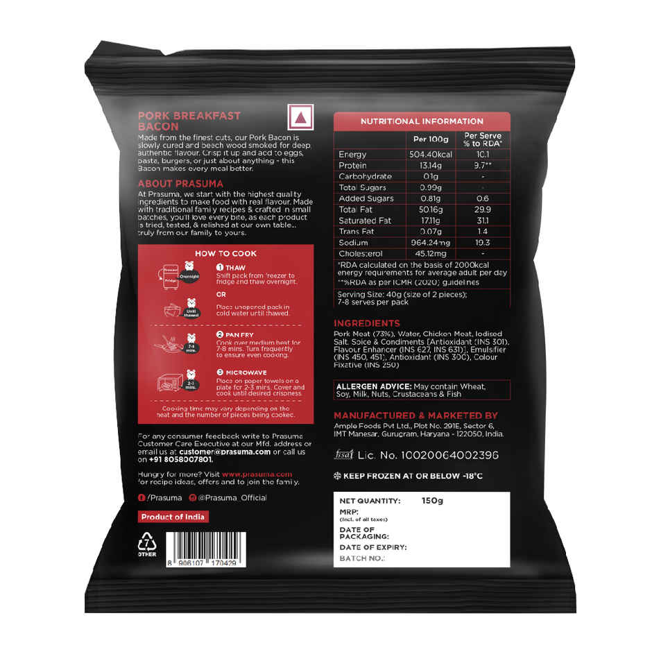 Prasuma Pork Breakfast Bacon 150g | India's No.1 Bacon | Imported Pork | Cured & Smoked