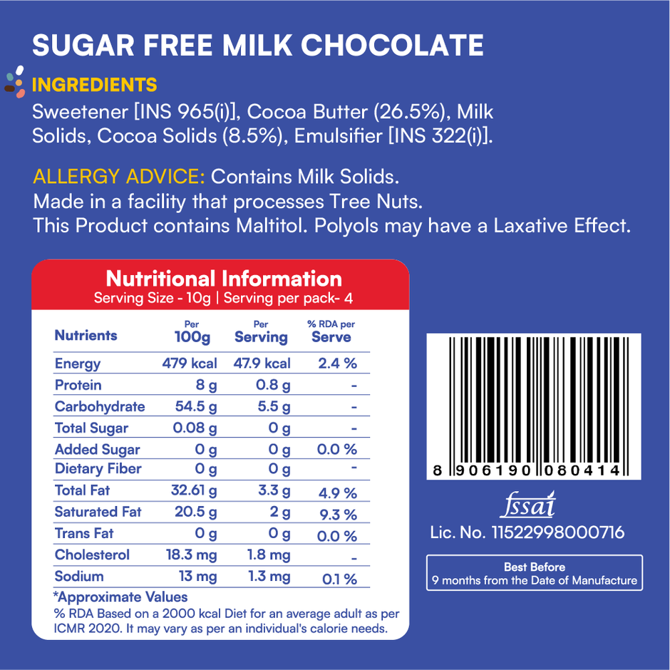 Skinny Sugar Free Milk Chocolate Bar | No Added Sugar | No Palm Oil